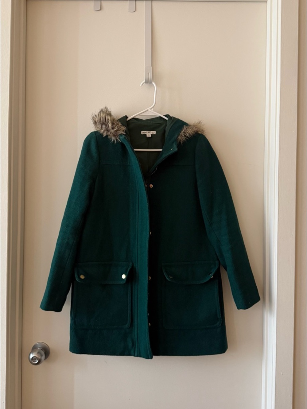 J. Crew Dark Green Hooded Wool Coat with Faux Fur Trim